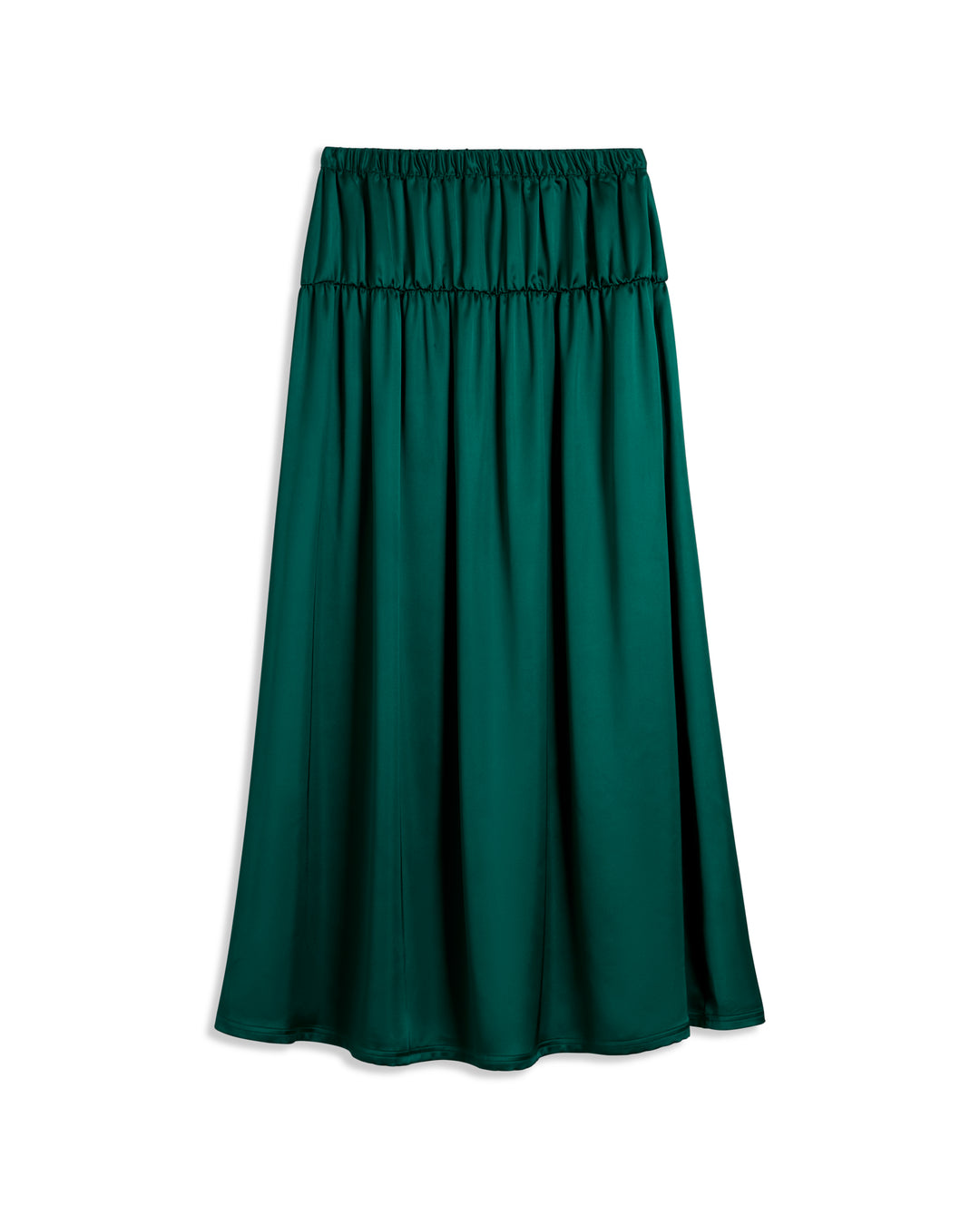 The Monaco Maxi Skirt - Albero by Dandy Del Mar is a long satin skirt in an emerald green shade, featuring an elastic waistband and gathered detailing near the top.