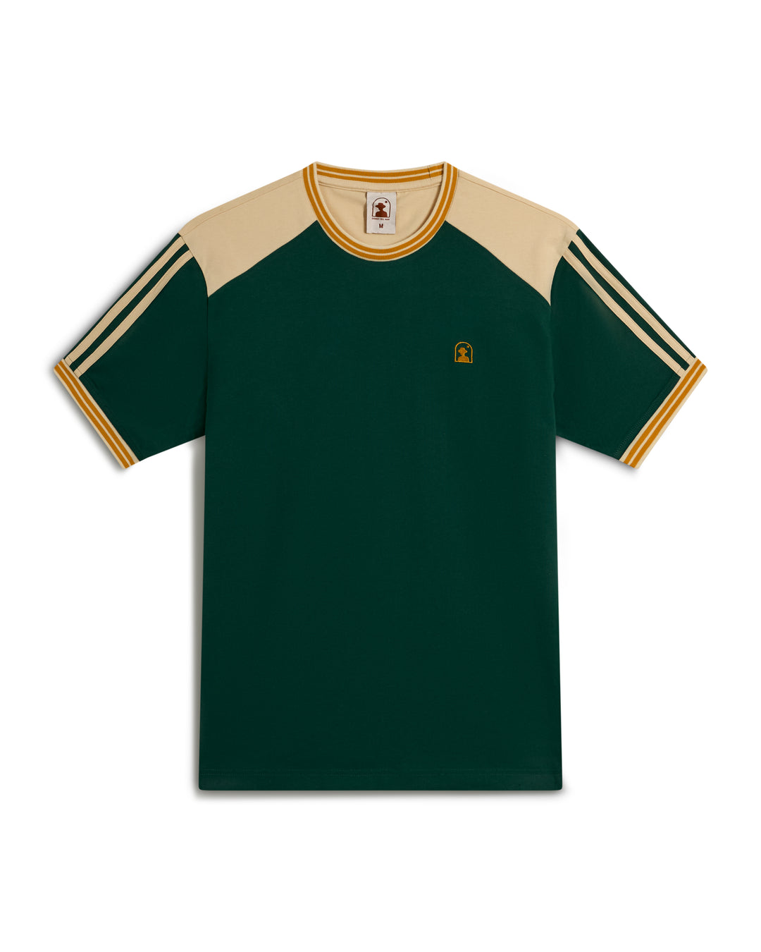 The Nassau Tee - Albero by Dandy Del Mar is a green and beige short-sleeve T-shirt featuring yellow and beige striped accents on the sleeves and collar, with a small embroidered logo on the chest.