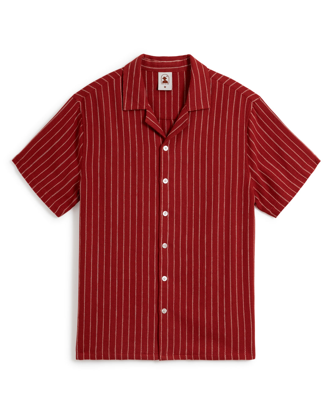 Introducing The Palma Shirt - Garam by Dandy Del Mar: a short-sleeve, button-up shirt featuring thin white vertical stripes on a red background and a stylish camp collar.