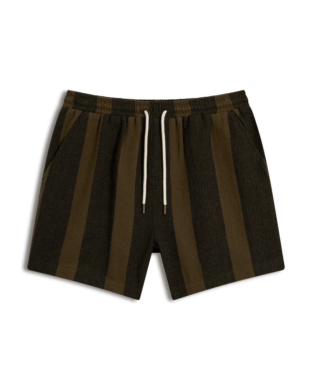 The Palma Short - Onyx by Dandy Del Mar features olive green and black stripes, an elastic waistband, and a white drawstring, shown on a white background.