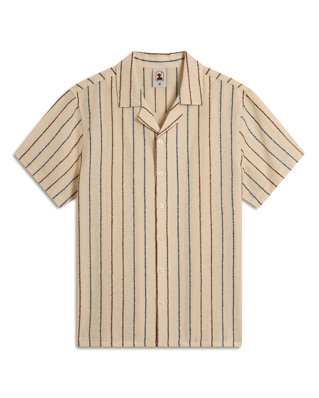 The Quarta Shirt - Scallop Weave by Dandy Del Mar: Beige short-sleeve with vertical brown and blue stripes, button-down front, and a spread collar.