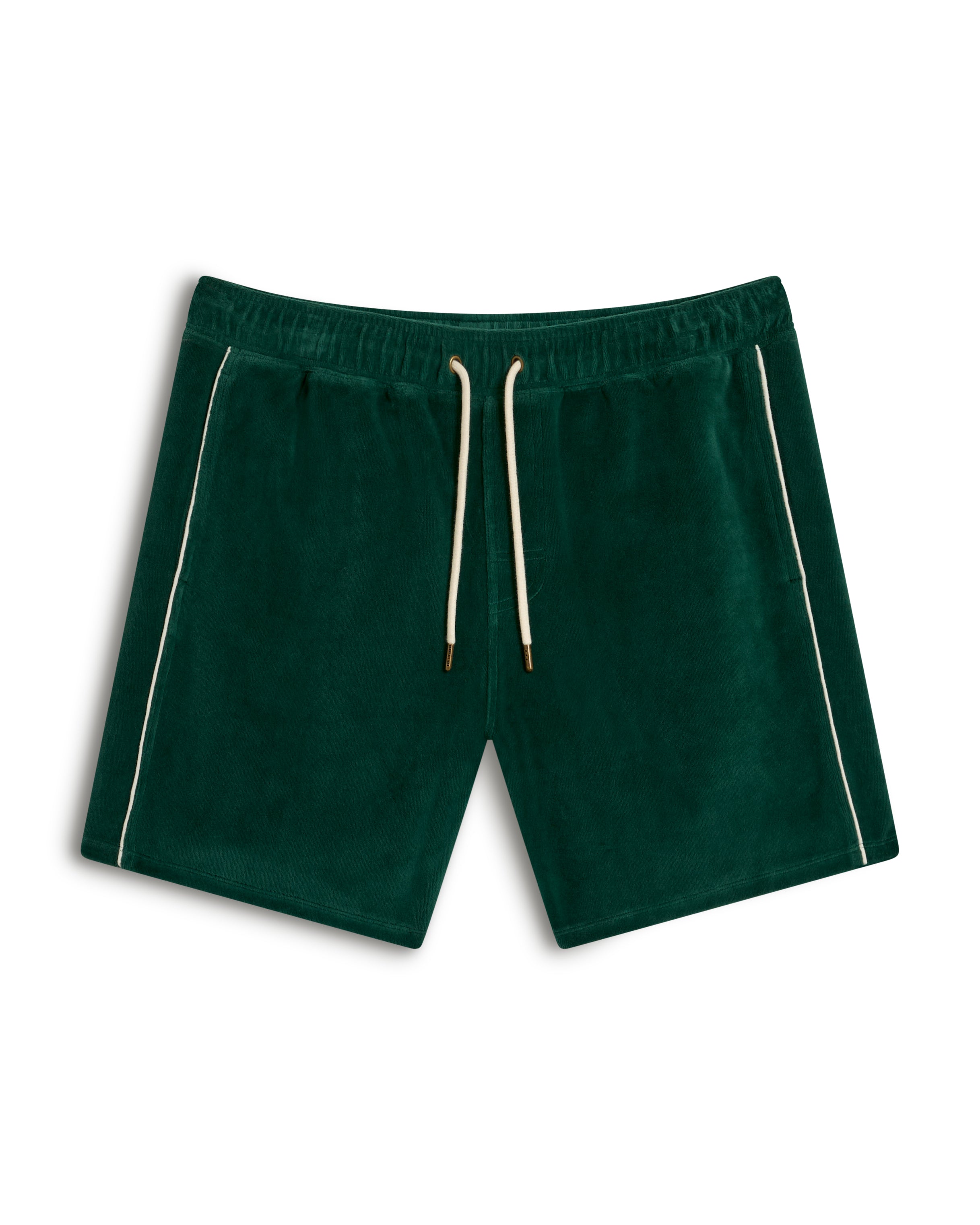 The Rio Velour Short - Albero by Dandy Del Mar: dark green velvet shorts featuring white side piping and a beige drawstring waistband.