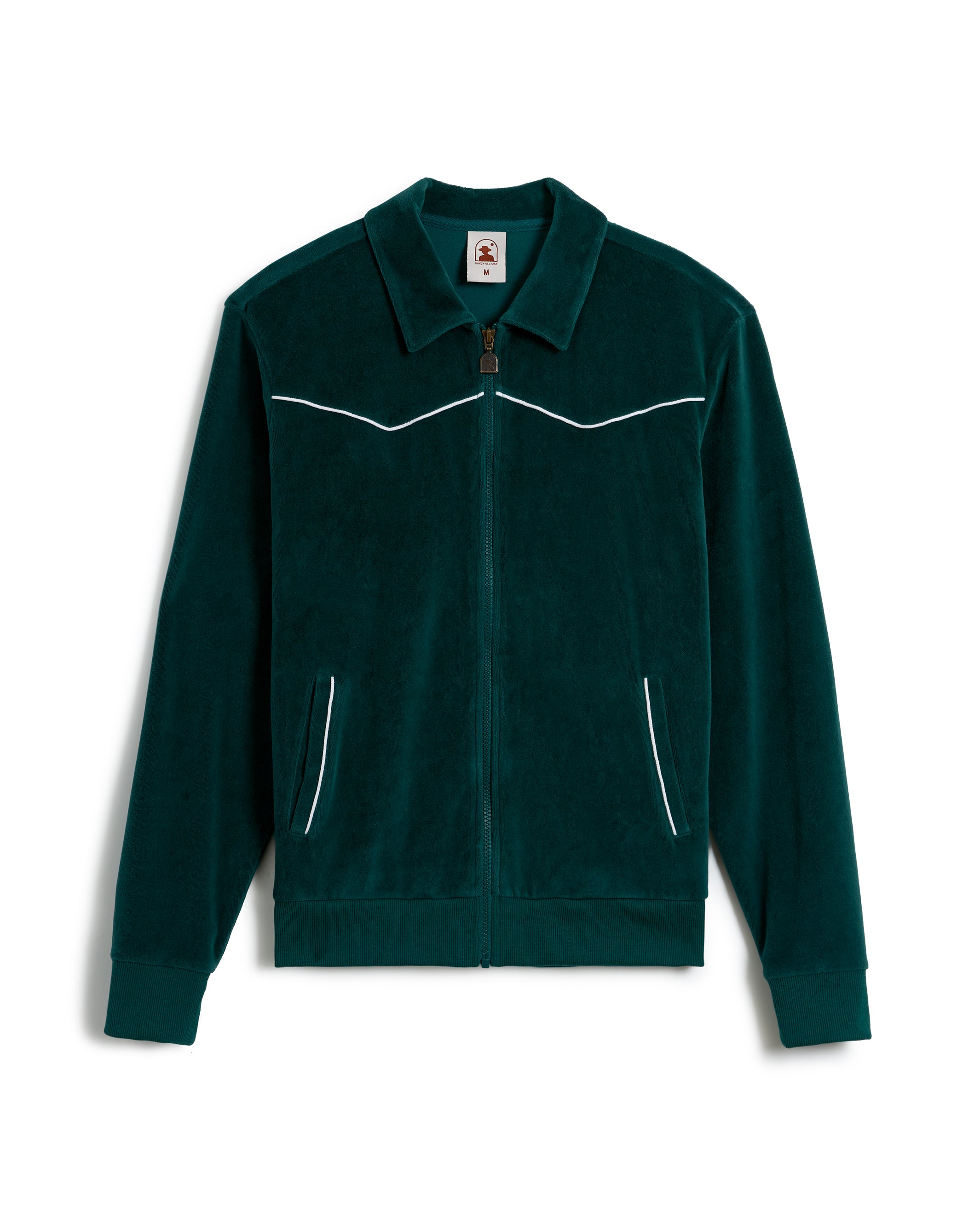 The Rio Velour Jacket - Albero by Dandy Del Mar is a dark green zip-up jacket with white piping accents and two front pockets, reminiscent of a classic track jacket. It features a collar and long sleeves, perfect for a sporty yet stylish look.