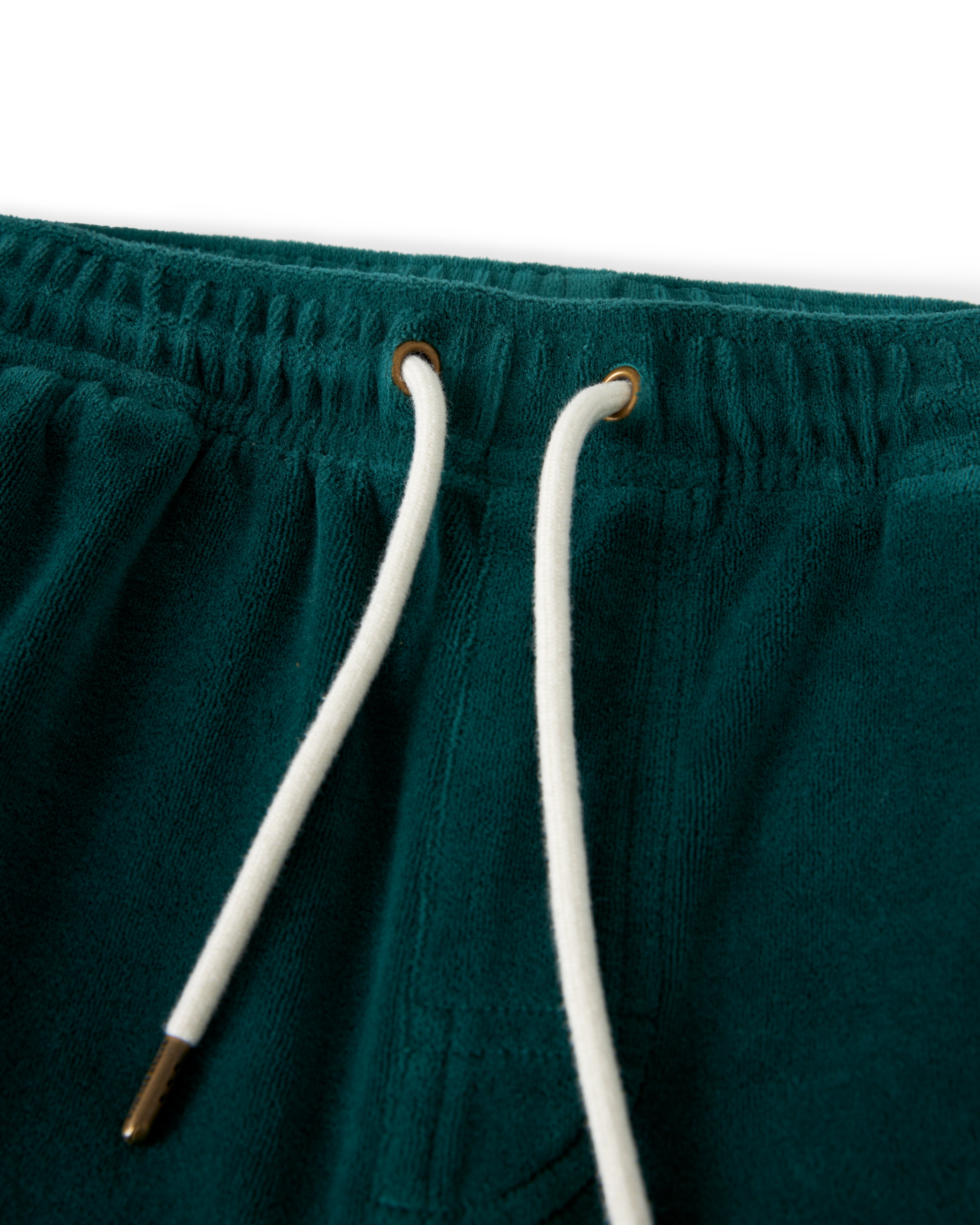 Close-up view of The Rio Velour Pant - Albero by Dandy Del Mar in green, featuring white drawstrings and metal eyelets, designed for a relaxed fit and comfortable athletic wear.