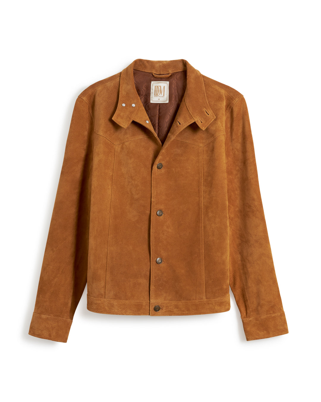 A San Juan Suede Leather Jacket - Sable from Dandy Del Mar, featuring a collar and two pockets, crafted from premium brown suede leather with a luxurious jacquard lining, displayed against a white background.