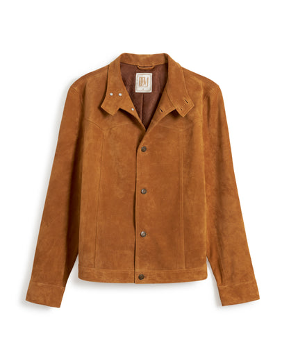 A San Juan Suede Leather Jacket - Sable from Dandy Del Mar, featuring a collar and two pockets, crafted from premium brown suede leather with a luxurious jacquard lining, displayed against a white background.