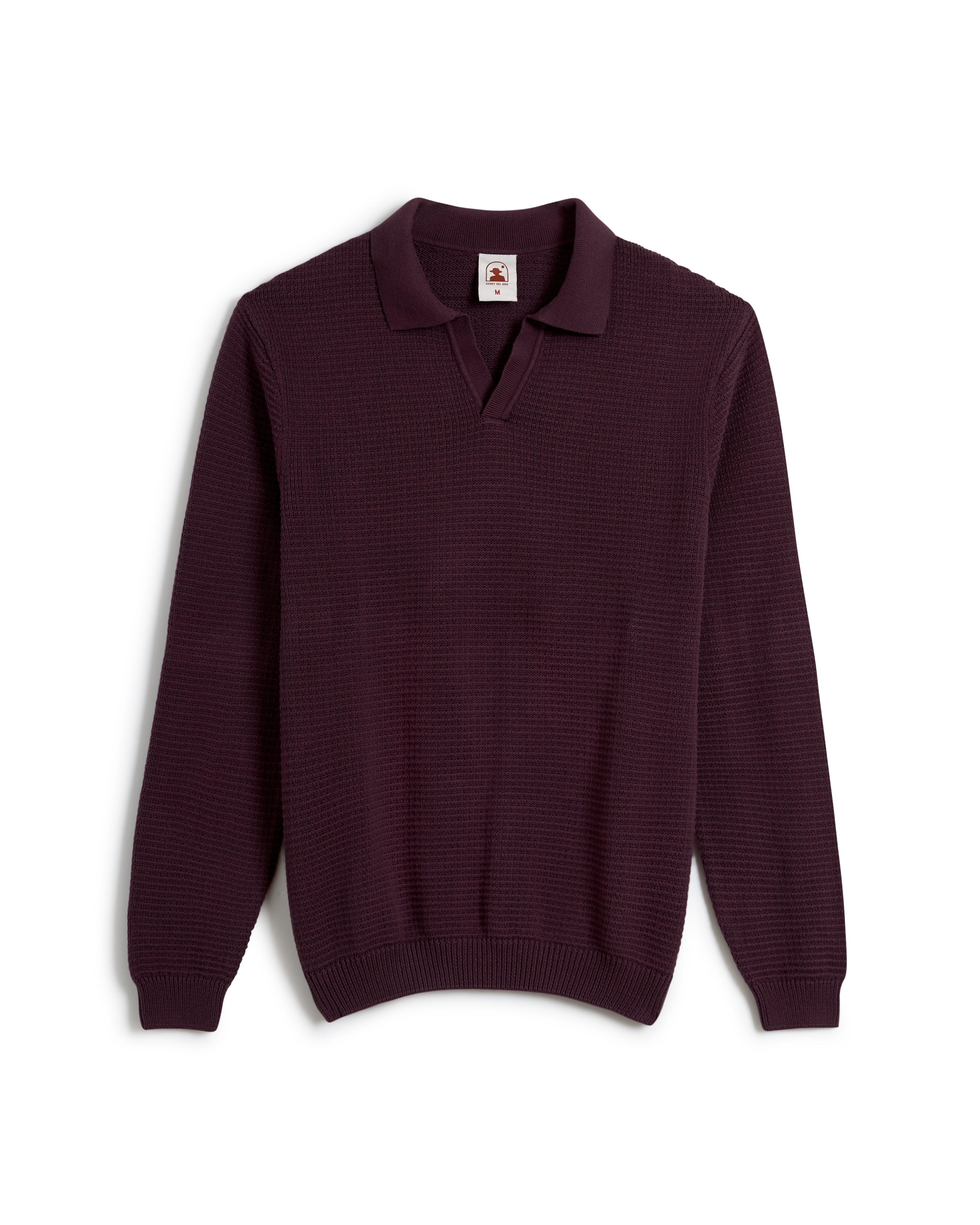 The Sebastian Long Sleeve Polo by Dandy Del Mar in Amethyst features a sweater-knit, textured cotton with a V-neck and collar, set against a white background.