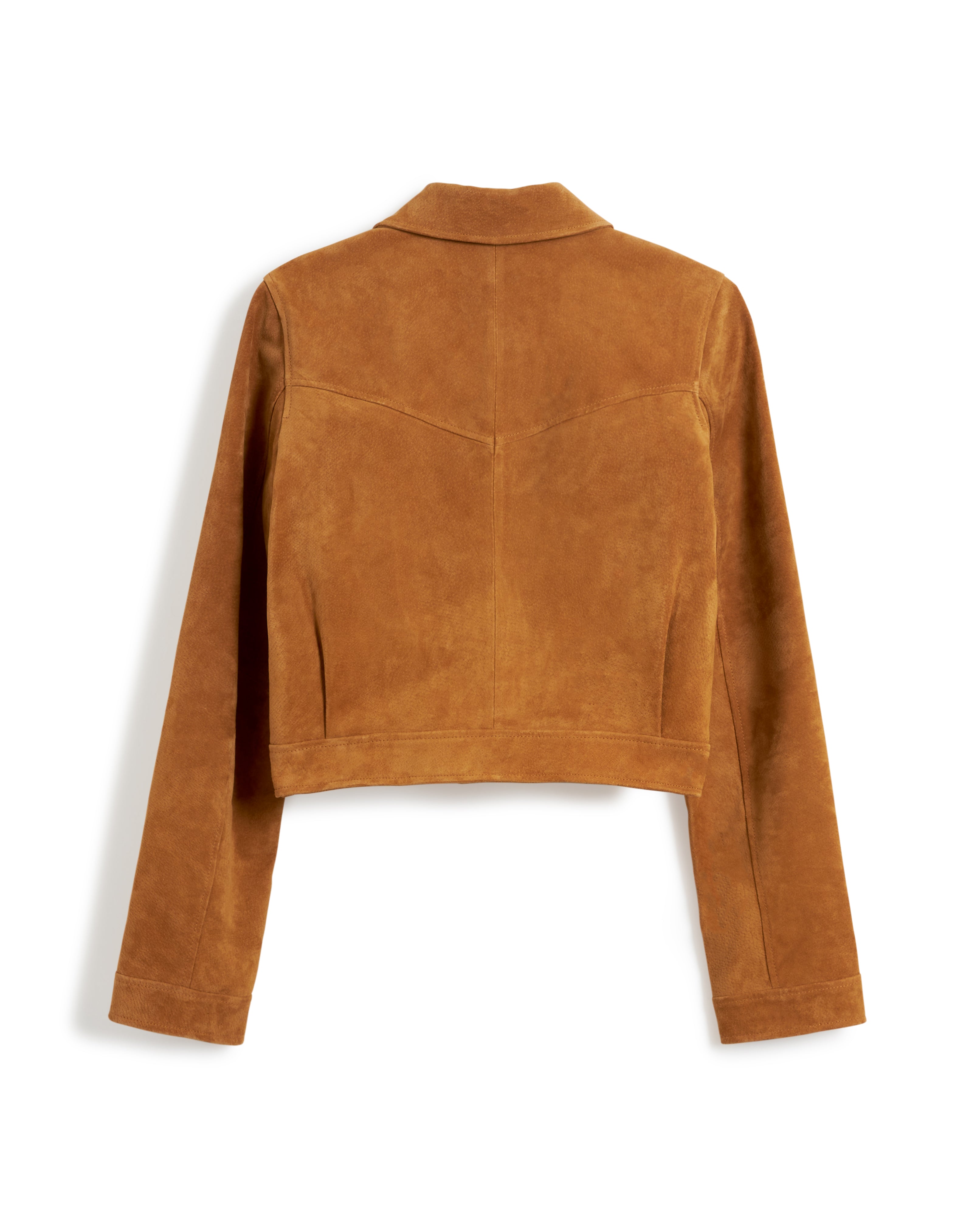 The Sicily Leather Jacket - Sable by Dandy Del Mar, featuring a brown suede exterior with long sleeves, a short hem, and a stylish jacquard lining, viewed from the back.