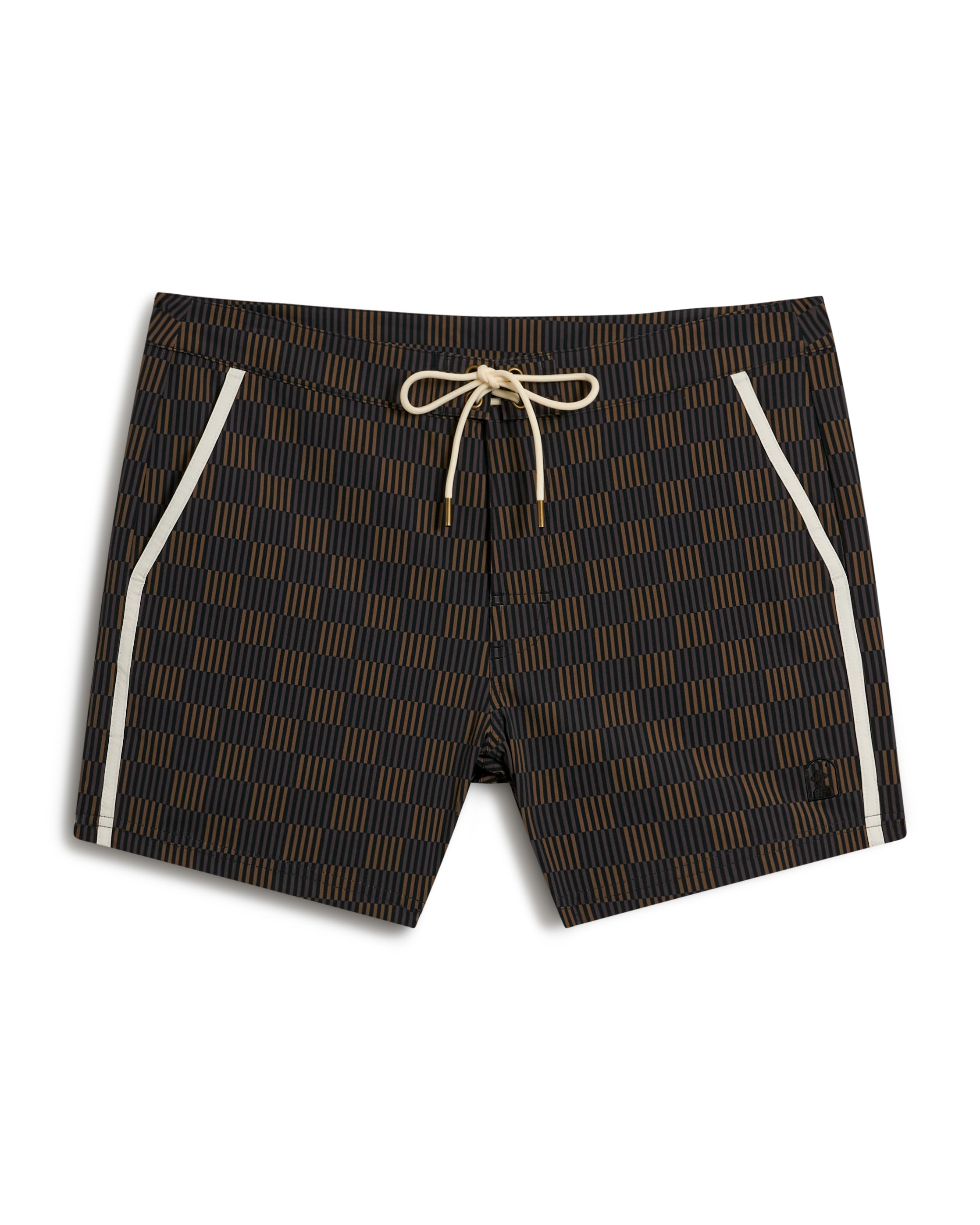 The Stirata Swim Short - Onyx by Dandy Del Mar features a subtle pattern with white side stripes and a beige drawstring.