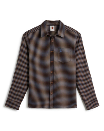 A long-sleeved, brown, and black houndstooth Tresco Shirt by Dandy Del Mar exuding casual elegance rests on a plain white background.