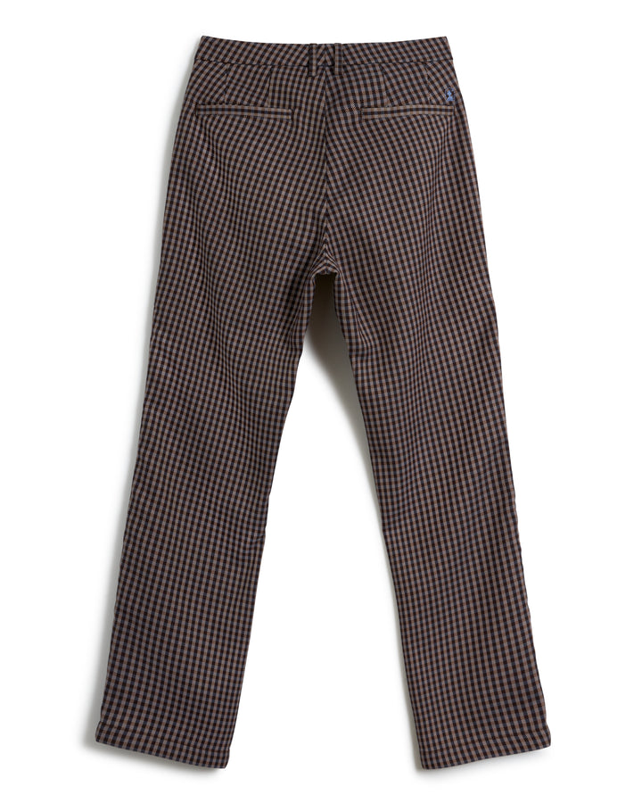 Back view of a pair of The Tresco Trouser - Tierra Houndstooth by Dandy Del Mar, styled in brown and black checkered with side pockets against a white background.