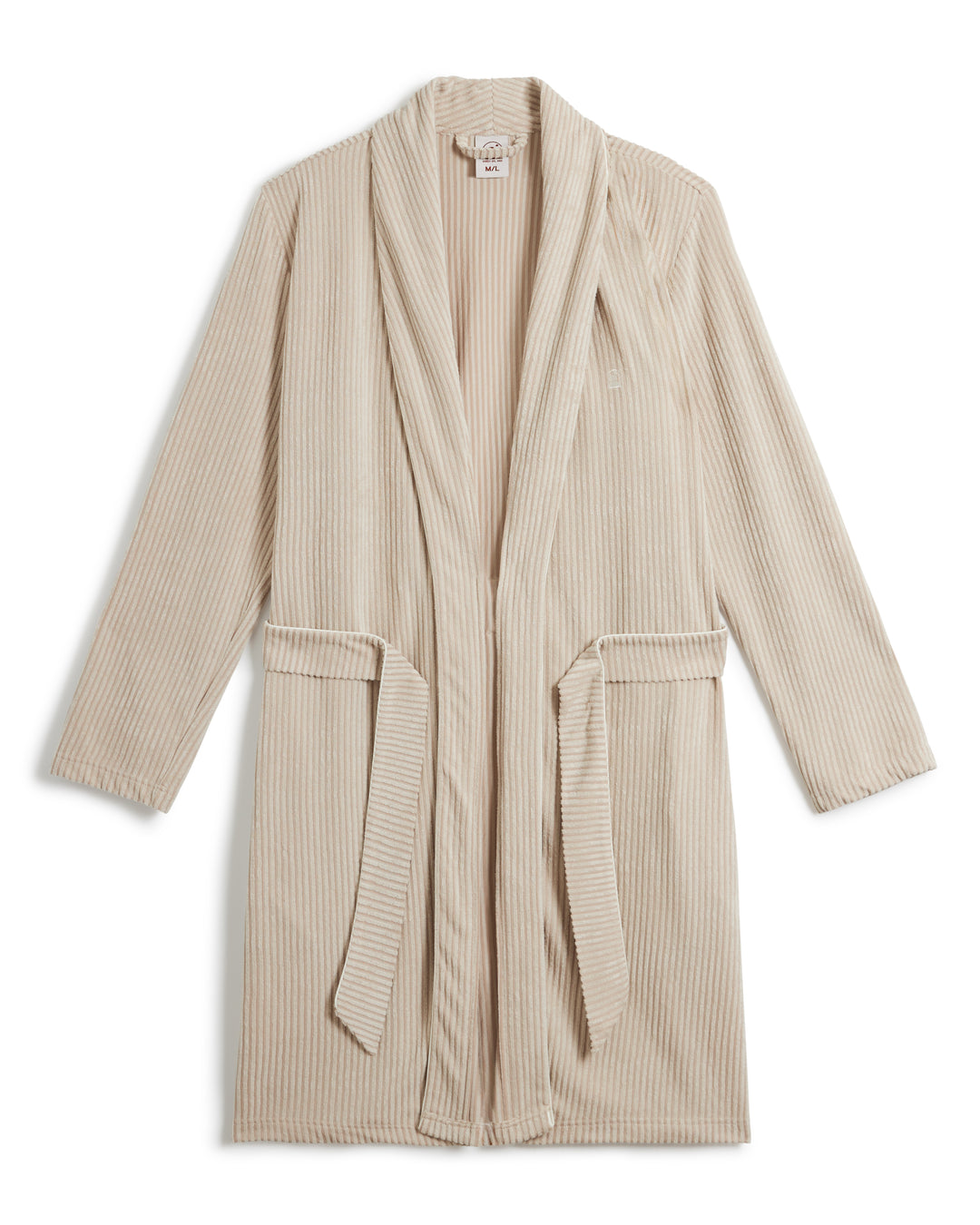 The Tropez Jacquard Robe - Scallop Stripe by Dandy Del Mar is a beige, long-sleeve robe with a shawl collar and waist tie in jacquard striped terry cloth, featuring an above-the-knee fit, displayed on a white background.