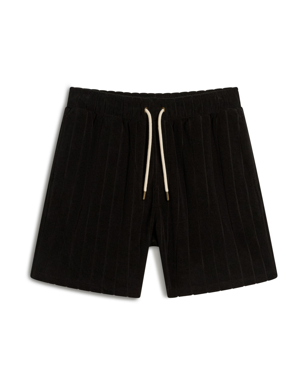 The Tropez Terry Cloth Short in Onyx by Dandy Del Mar features a black quilted design, elastic waistband, and white drawstring, displayed on a white background.