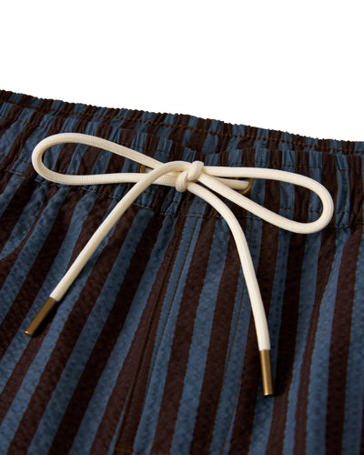 Close-up of the elastic waistband on Dandy Del Mar's The Ventura Volley Shorts - Moontide, featuring a white drawstring tied in a bow with metal tips.
