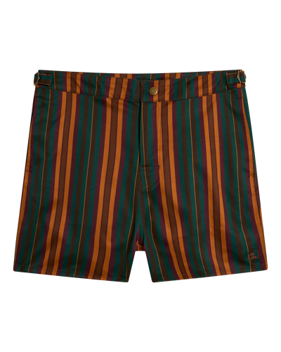 The Mallorca Swim-Walk Shorts - Burnt Sienna by Dandy Del Mar are men’s nylon shorts with green, orange, and brown vertical stripes, adjustable side fasteners, and a smart button closure.