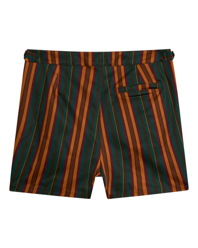 The Dandy Del Mar Mallorca Swim-Walk Shorts in Burnt Sienna feature vertical stripes, adjustable side fasteners, a single back pocket, and belt loops.