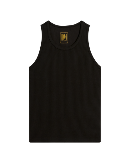 The Milan Rib Tank - Onyx by Dandy Del Mar is a black, sleeveless scoop neck tank top with rib knit fabric and a gold DM logo tag on the inner neckline, shown against a plain background.