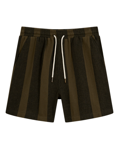 The Palma Shorts - Onyx by Dandy Del Mar are men's relaxed fit shorts made from yarn-dyed striped canvas with wide dark and olive green stripes, an elastic waistband, and a white drawcord.