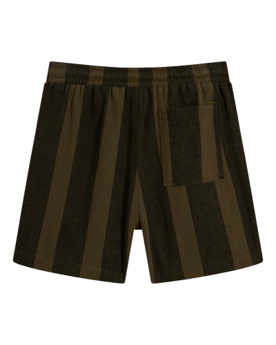 Back view of The Palma Shorts - Onyx by Dandy Del Mar, crafted in brown and black striped canvas with a relaxed fit, elastic waistband, drawcord closure, and a single back pocket.
