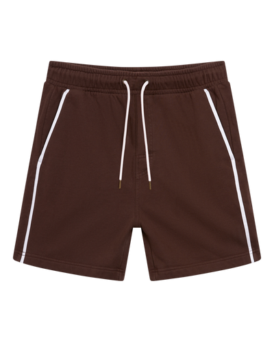 The Marseille French Terry Shorts - Carajillo by Dandy Del Mar feature a brown hue, white side stripes, elastic waistband, and white drawstrings, shown laid flat on a white background.