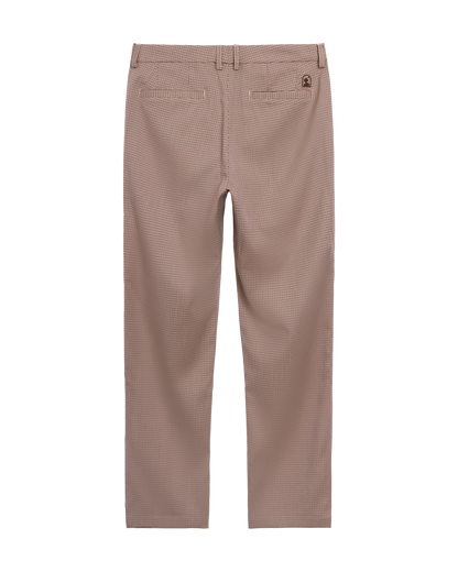 Back view of The Tresco Trouser - Carajillo by Dandy Del Mar: beige houndstooth dress pant with belt loops and two buttoned welt pockets, made from a comfortable polyester blend.