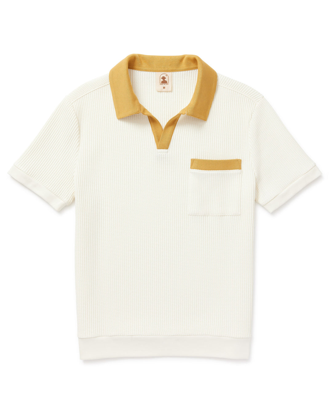 A white polo shirt with a white pocket and golden trim.