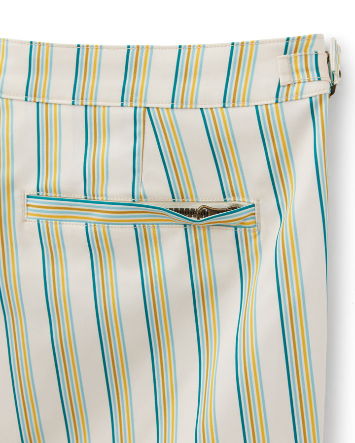 A pair of Mallorca Swim-Walk Shorts in Vintage Ivory Cay Stripe pattern constructed from single layer nylon material by Dandy Del Mar.
