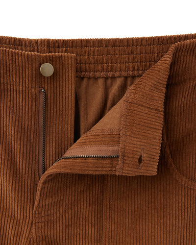 Close-up of the waistband and zipper fly of The Corsica Corduroy Shorts - Tobacco by Dandy Del Mar, featuring a button closure and ribbed corduroy texture—ideal for men’s casual shorts collections.