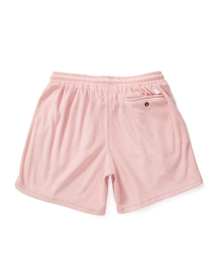 A Dandy Del Mar Gaucho Terry Cloth Shorts - Mauve with a pocket on the side.