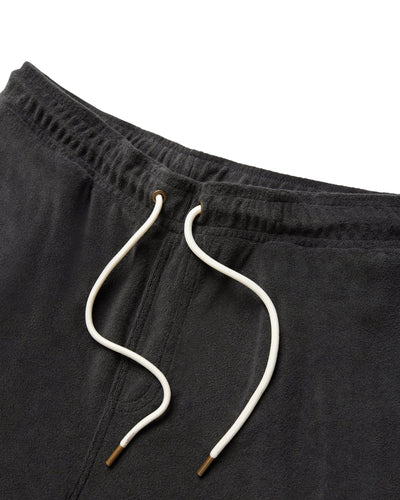 Close-up of the waistband and white drawstring on The Gaucho Terry Cloth Shorts in Onyx by Dandy Del Mar, perfect for leisurewear.