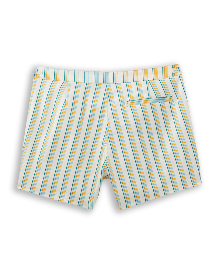 A pair of Dandy Del Mar Mallorca Swim-Walk Shorts in Vintage Ivory Cay Stripe featuring a single layer nylon construction and antique brass Side Fastener.