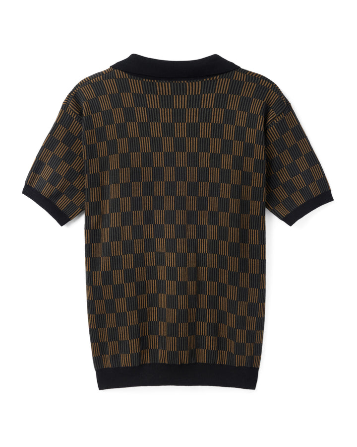 A brown and black checkered Sebastian Knit Polo Shirt - Onyx on a white background from Dandy Del Mar.